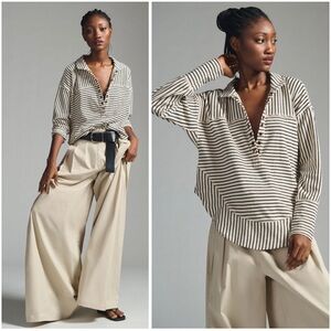 ANTHROPOLOGIE Pilcro Oversized Slouchy Boxy Casual Striped Spliced Henley Top M
